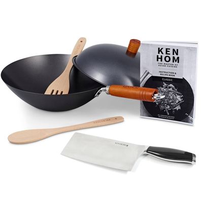 Ken Hom 6tlg. Wok Set 31 cm ohne Induktion Karbon beschichtet & Hackmesser 18 cm