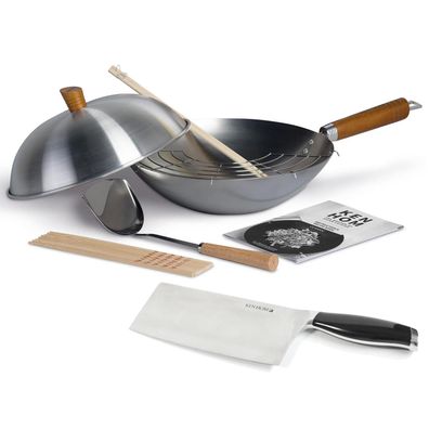 Ken Hom 11tlg. Wok Set 31 cm ohne Induktion Karbon Wokpfanne & Hackmesser 18 cm