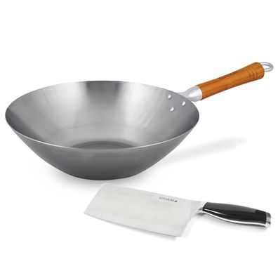 Ken Hom Wok Set 31 cm ohne Induktion Karbonstahl Holzgriff mit Hackmesser 18 cm