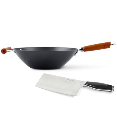 Ken Hom Wok 35 cm Set ohne Induktion Karbonstahl Holzgriff mit Hackmesser 18 cm