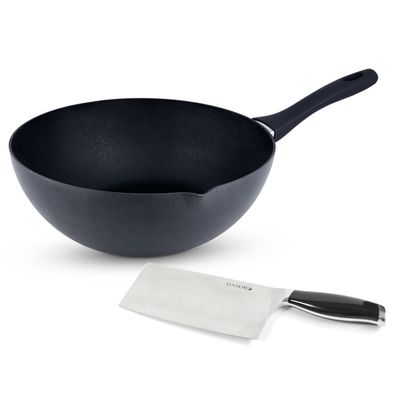 Ken Hom Alu Wok 30 cm Set Induktion mit Ausguss Antihaft inkl. Hackmesser 18 cm