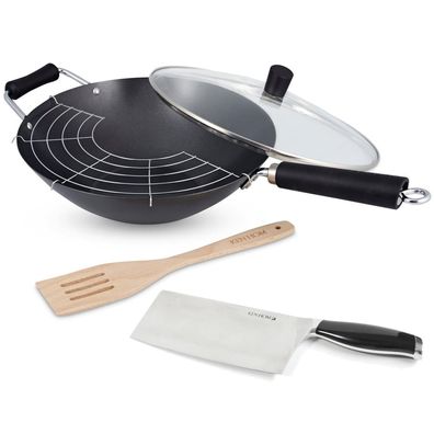 Ken Hom 5-tlg. Wok Set 31 cm Induktion Antihaft Karbonstahl & Hackmesser 18 cm