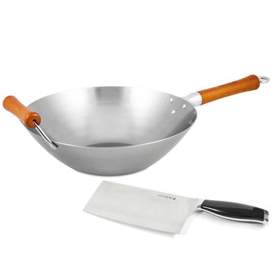 Ken Hom Wok 32cm Induktion Set Karbon unbeschichtet Holzgriff & Hackmesser 18 cm