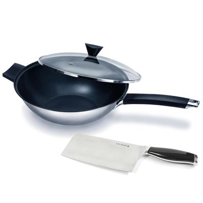 Ken Hom 3tlg. Edelstahl Wok Set 32cm Antihaft Induktion Deckel & Hackmesser 18cm