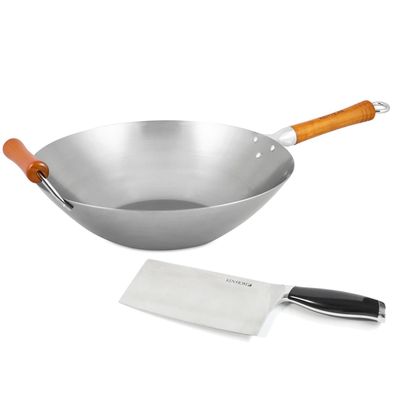 Ken Hom großer Wok 36 cm Set Induktion Karbon Holz-Griff mit Hackmesser 18 cm