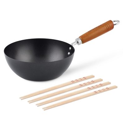 Ken Hom Mini Stielwok 20 cm Antihaft Karbonstahl Holz-Griff & 8er Stäbchen Set