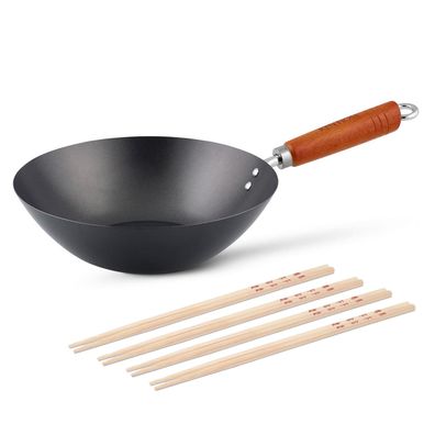 Ken Hom Stielwok 27 cm Antihaft Karbonstahl Wokpfanne inkl. 8er Stäbchen Set