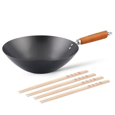 Ken Hom Stielwok 31 cm mit Holzgriff Antihaft Karbonstahl inkl. 8er Stäbchen Set