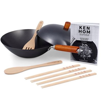 Ken Hom 13-tlg. Stielwok Set 31 cm beschichteter Karbonstahl & 8er Stäbchen Set