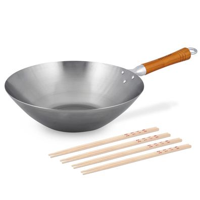 Ken Hom Stielwok 31 cm Karbonstahl Wokpfanne unbeschichtet & 8er Stäbchen Set