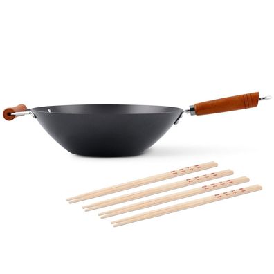 Ken Hom großer Stielwok 35 cm Karbonstahl Wokpfanne Antihaft & 8er Stäbchen Set