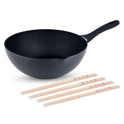 Ken Hom großer Stielwok 30 cm Induktion Antihaft Karbonstahl & 8er Stäbchen Set