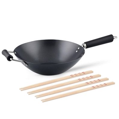 Ken Hom großer Stielwok 31 cm Induktion Karbonstahl Antihaft & 8er Stäbchen Set