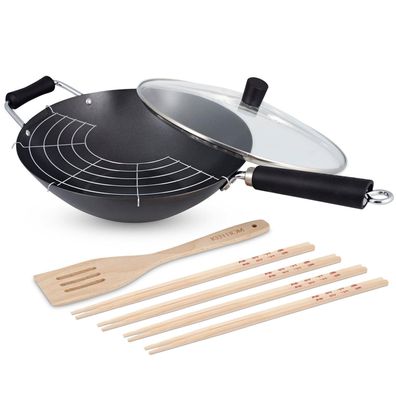 Ken Hom Stielwok Set 31 cm Induktion Karbonstahl beschichtet & 8er Stäbchen Set