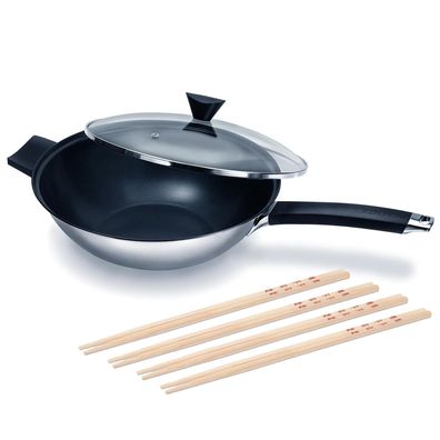 Ken Hom Edelstahl Stielwok Set 32 cm Induktion Antihaft mit Deckel & 8 Stäbchen