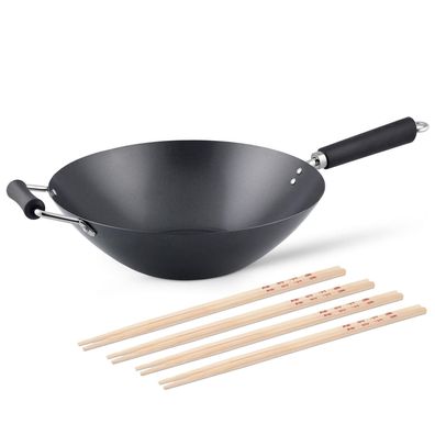 Ken Hom großer Antihaft Stielwok 35 cm Induktion Karbonstahl & 8er Stäbchen Set