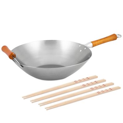 Ken Hom XL Stielwok 36 cm Induktion Karbonstahl unbeschichtet & 8er Stäbchen Set