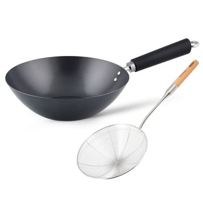 Ken Hom Wok Set 27 cm Induktion Antihaft Karbonstahl Phenol-Griff & Schaumlöffel