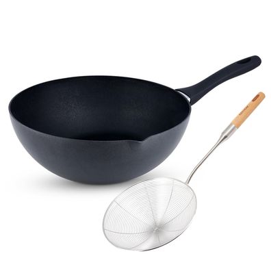 Ken Hom Alu Wok Set 30 cm Induktion Aluminium Antihaft mit Ausguß & Schaumlöffel