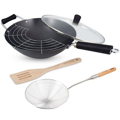 Ken Hom 6tlg. Wok Set 31 cm Induktion Karbon Antihaftbeschichtung & Schaumlöffel