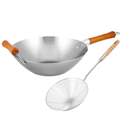 Ken Hom Wok Set 32 cm Induktion Karbon unbeschichtet Holz-Griff & Schaumlöffel