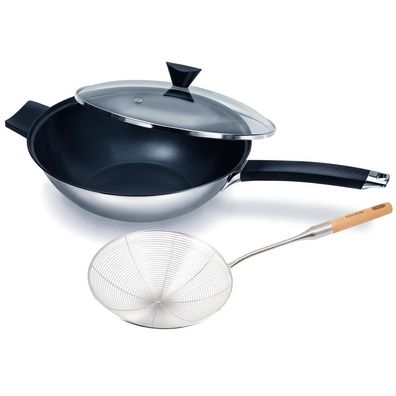 Ken Hom 3tlg. Edelstahl Wok Set 32 cm Induktion Antihaft, Deckel & Schaumlöffel