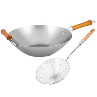 Ken Hom XL Wok Set 36 cm Induktion Karbonstahl Buchenholz-Griff & Schaumlöffel