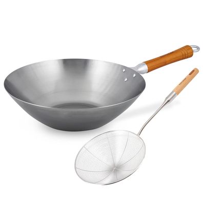 Ken Hom Wok Set 31 cm Karbonstahl unbeschichtet mit Holz-Griff & Schaumlöffel