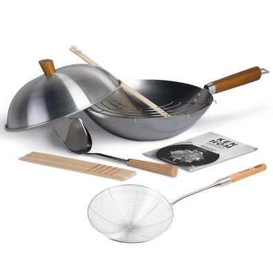 Ken Hom 11-tlg. Wok Set 31 cm Wokpfanne Karbonstahl unbeschichtet & Schaumkelle