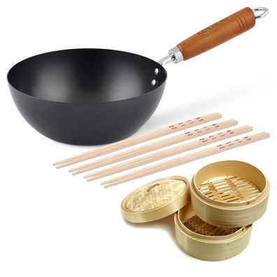 Ken Hom Antihaft Wok 20 cm Karbonstahl mit Holzgriff & Zubehör - ohne Induktion