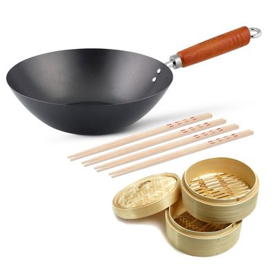 Ken Hom Antihaft Wok 27 cm Karbonstahl mit Holzgriff & Zubehör - ohne Induktion