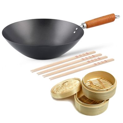 Ken Hom Antihaft Wok 31 cm Karbonstahl mit Holzgriff & Zubehör - ohne Induktion