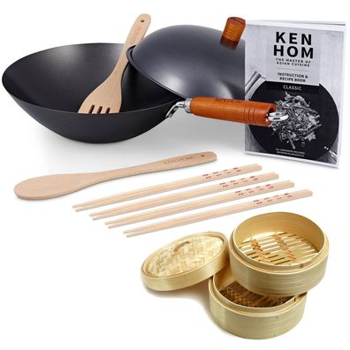 Ken Hom 14-tlg. Wok Set 31 cm Antihaft Karbonstahl & Zubehör - ohne Induktion