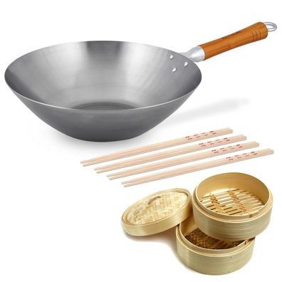 Ken Hom Wok 31 cm Karbonstahl unbeschichtet Holzgriff & Zubehör - ohne Induktion