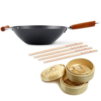 Ken Hom großer Antihaft Wok 35 cm Karbonstahl Holzgriff & Zubehör-ohne Induktion