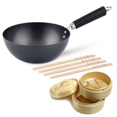 Ken Hom kleiner induktiver Antihaft Wok 20 cm aus Karbonstahl-Set inkl. Zubehör