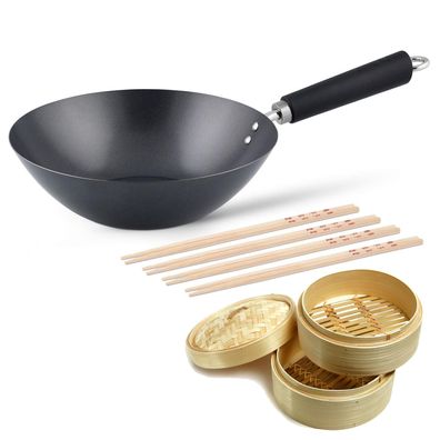 Ken Hom großer induktiver Antihaft Wok 27 cm aus Karbonstahl - Set inkl. Zubehör