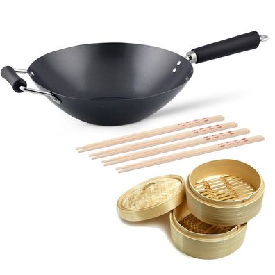 Ken Hom induktiver Antihaft Wok 31 cm Karbonstahl Gegengriff - Set inkl. Zubehör