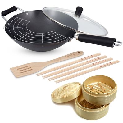 Ken Hom 13-tlg. Wok Set 31 cm Induktion Antihaft aus Karbonstahl - inkl. Zubehör