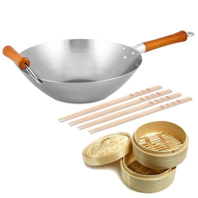 Ken Hom großer induktiver Wok 32 cm Karbonsahl unbeschichtet - Set inkl. Zubehör