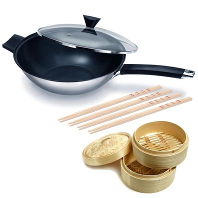 Ken Hom 11-tlg. Edelstahl Wok Set 32 cm Induktion Antihaft Deckel-inkl. Zubehör