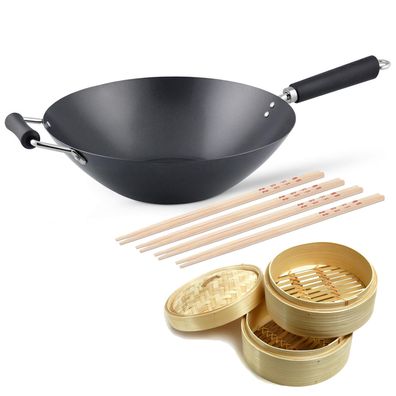 Ken Hom Antihaft Karbonstahl Wok 35 cm Induktion Gegengriff - Set inkl. Zubehör