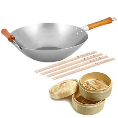 Ken Hom großer Karbonstahl Wok 36 cm Induktion unbeschichtet - Set inkl. Zubehör