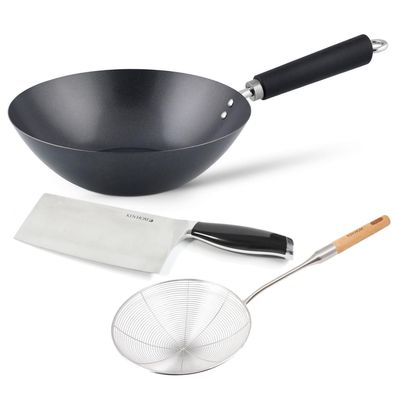 Ken Hom 3-tlg. Wok Set Induktion 27 cm Karbon Antihaft Schaumlöffel & Hackmesser