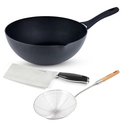 Ken Hom 3-tlg. Wok Set Induktion 30 cm Karbon Antihaft Schaumlöffel & Hackmesser