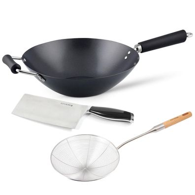 Ken Hom 3-tlg. Wok Set Induktion 31 cm Karbon Antihaft Schaumlöffel & Hackmesser