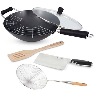 Ken Hom 6-tlg. Wok Set Induktion 31 cm Karbon Antihaft Schaumlöffel & Hackmesser