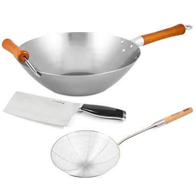 Ken Hom 3-tlg. Wok Set Induktion 32 cm Karbonstahl mit Schaumlöffel & Hackmesser