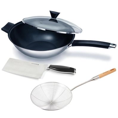 Ken Hom 4-tlg. Edelstahl Wok Set 32cm Induktion Antihaft Deckel & Kelle & Messer