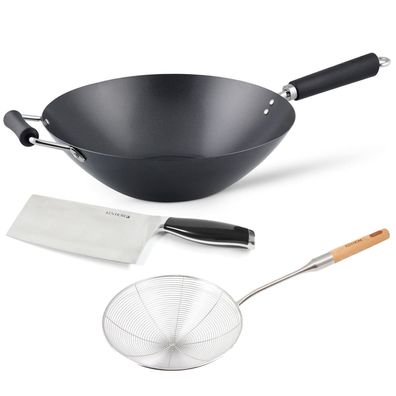 Ken Hom 3-tlg. Antihaft Wok Set Induktion 35 cm Karbonstahl Schaumkelle & Messer